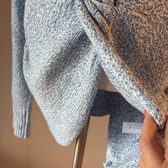 LOFT Blue white Knit sweater knot crop front layering  deep V relax L not heavy - Picture 3 of 13